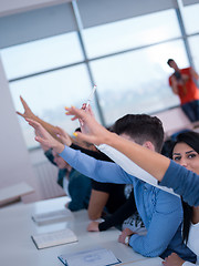 Image showing students group raise hands up