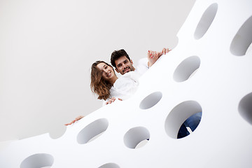 Image showing relaxed yung couple at home  stairs