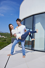 Image showing happy young romantic couple have fun arelax  relax at home