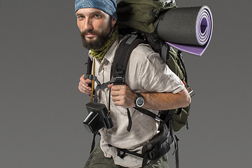 Image showing Portrait of a male fully equipped tourist 