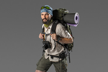 Image showing Portrait of a male fully equipped tourist 