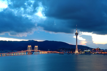 Image showing Evening of Macau tower convention and bridges