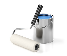 Image showing Paint roller and blue paint