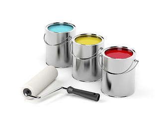 Image showing Paint roller and paint canisters