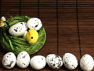 Image showing Easter chicken and eggs in the nest.