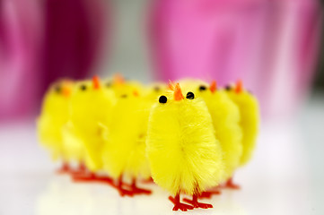 Image showing Little yellow chickens. Easter decorations.