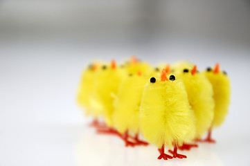 Image showing Little yellow chickens. Easter decorations.