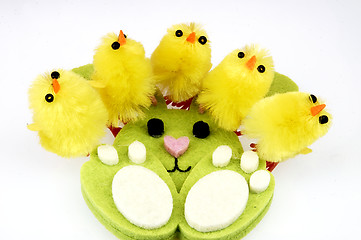 Image showing Little yellow chickens. Easter decorations.