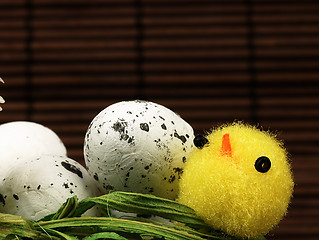 Image showing Easter chicken and eggs in the nest.