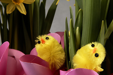 Image showing Little yellow chickens. Easter decorations.