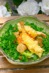 Image showing fresh Japanese tempura shrimps with salad