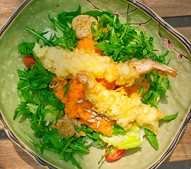 Image showing fresh Japanese tempura shrimps with salad