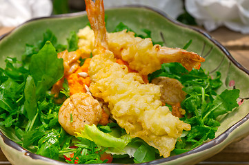 Image showing fresh Japanese tempura shrimps with salad