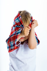 Image showing Funny blue-eyed three-year boy. Studio photo