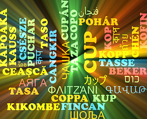 Image showing Cup multilanguage wordcloud background concept glowing