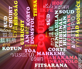 Image showing Court multilanguage wordcloud background concept glowing