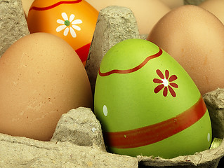 Image showing Colorful Easter eggs in the company of ordinary eggs.