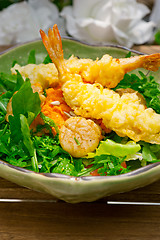 Image showing fresh Japanese tempura shrimps with salad