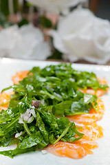 Image showing fresh salmon carpaccio