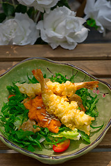 Image showing fresh Japanese tempura shrimps with salad