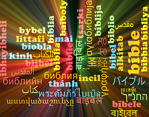 Image showing Bible multilanguage wordcloud background concept glowing