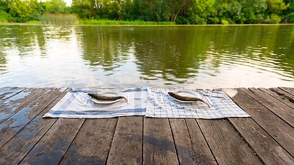 Image showing Wooden deck with fish on it