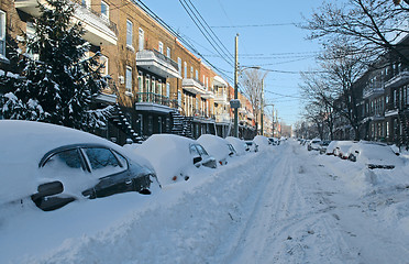 Image showing Cars covered by snow on the street