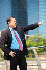 Image showing Senior businessman in suit pointing at a direction