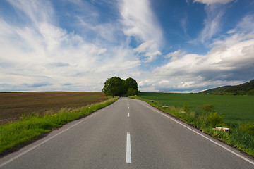 Image showing Empty road between summer field at sunset