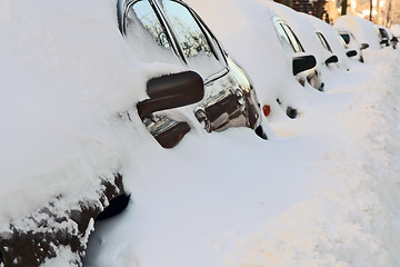 Image showing Row of cars covered by deep snow