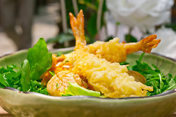 Image showing fresh Japanese tempura shrimps with salad