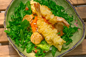 Image showing fresh Japanese tempura shrimps with salad