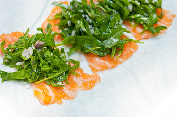 Image showing fresh salmon carpaccio