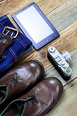 Image showing traveler set with digitizer, rangefinder camera, woolen sweater 