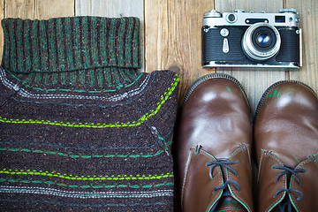 Image showing Vintage sweater, shoes, antique rangefinder camera