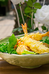 Image showing fresh Japanese tempura shrimps with salad