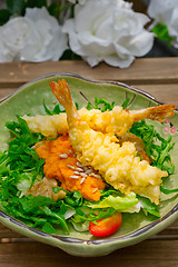 Image showing fresh Japanese tempura shrimps with salad