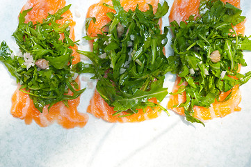Image showing fresh salmon carpaccio