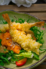 Image showing fresh Japanese tempura shrimps with salad