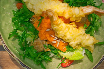 Image showing fresh Japanese tempura shrimps with salad