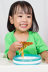 Image showing Little Asain Chinese Eating Pizza