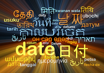 Image showing Date multilanguage wordcloud background concept glowing