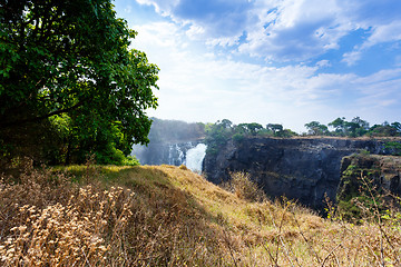 Image showing The Victoria falls with mist from water