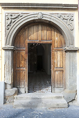 Image showing Traditional wooden door in the town, Slovakia