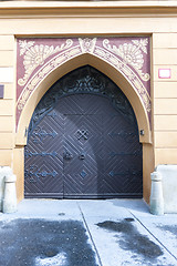 Image showing Traditional wooden door in the town, Slovakia