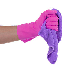 Image showing Hand wearing rubber glove and hold rag(mop)