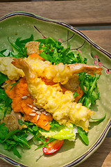 Image showing fresh Japanese tempura shrimps with salad