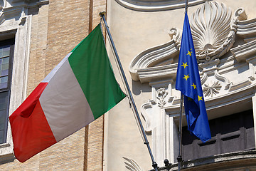 Image showing Flags of Italy and European Union waving in Rome, Italy