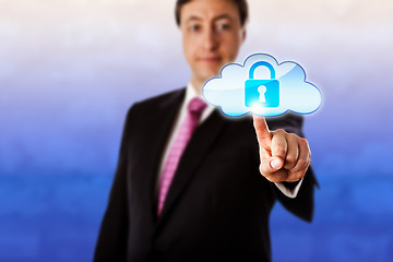 Image showing Smiling Businessman Touching A Locked Cloud Icon