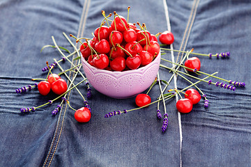 Image showing bowl of fresh red cherries